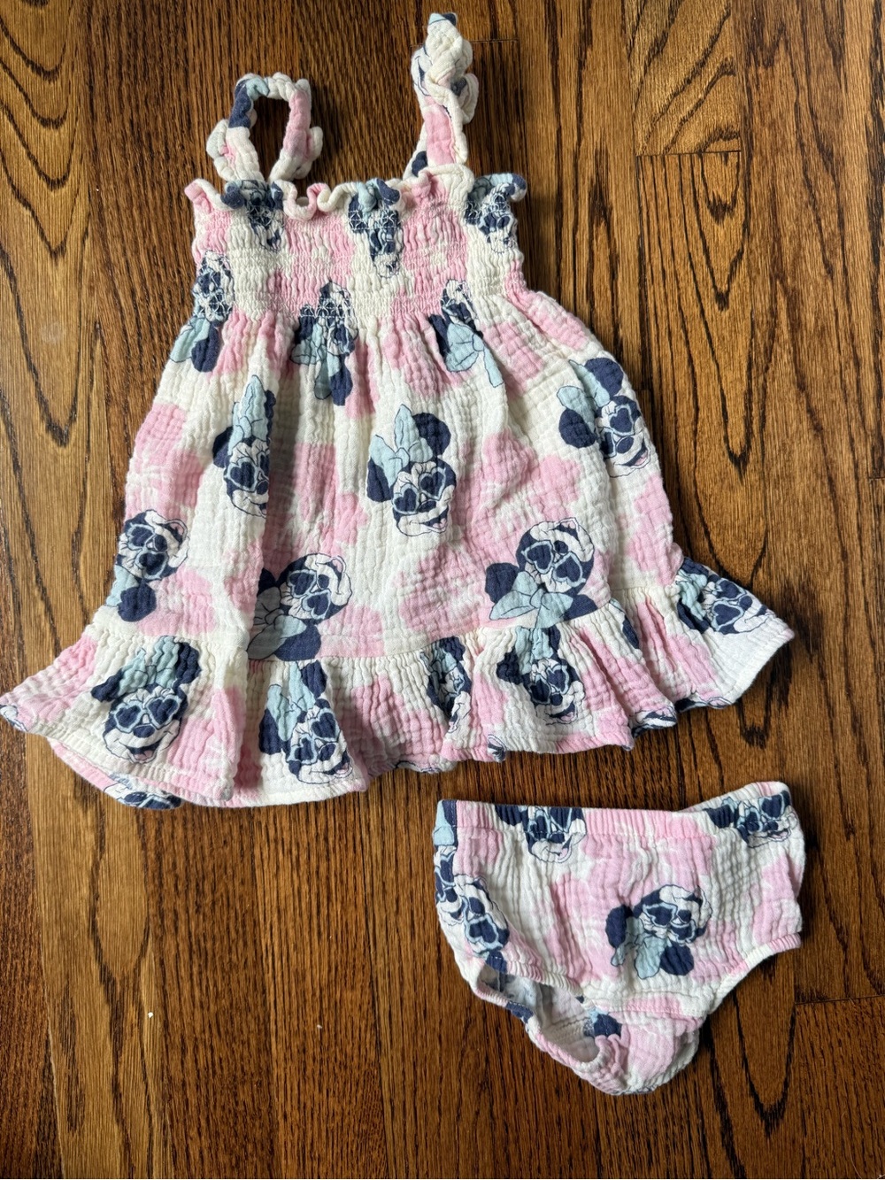 Disney Pink & Navy Floral Minnie Mouse Ruffle Sundress w/ Matching Diaper Cover